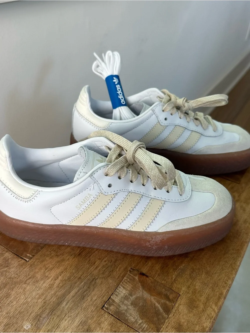 adidas Samba Leather Sneaker in White and Cream with Gum Sole - Picture 4 of 7